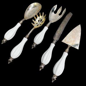 Godinger Silver Plated Serving Set White Porcelain 5 pc Cake Serve Slotted Spoon
